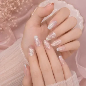 blush daisy cat eye french tip almond press on nails